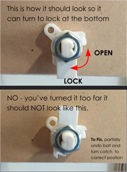 NO - you’ve turned it too far it should NOT look like this. This is how it should look so it can turn to lock at the bottom LOCK  OPEN  To Fix, partially undo bolt and turn catch  to correct position