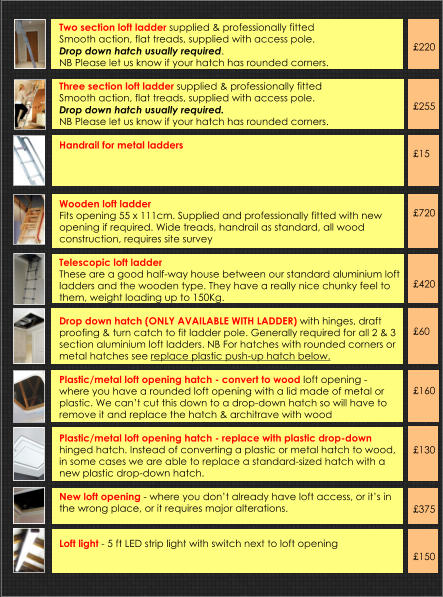 Two section loft ladder supplied & professionally fittedSmooth action, flat treads, supplied with access pole.  Drop down hatch usually required.  NB Please let us know if your hatch has rounded corners. Three section loft ladder supplied & professionally fittedSmooth action, flat treads, supplied with access pole.  Drop down hatch usually required.  NB Please let us know if your hatch has rounded corners.  Handrail for metal ladders           Wooden loft ladder  Fits opening 55 x 111cm. Supplied and professionally fitted with new opening if required. Wide treads, handrail as standard, all wood construction, requires site survey   Telescopic loft ladder These are a good half-way house between our standard aluminium loft ladders and the wooden type. They have a really nice chunky feel to them, weight loading up to 150Kg.  Drop down hatch (ONLY AVAILABLE WITH LADDER) with hinges, draft proofing & turn catch to fit ladder pole. Generally required for all 2 & 3 section aluminium loft ladders. NB For hatches with rounded corners or metal hatches see replace plastic push-up hatch below.  Plastic/metal loft opening hatch - convert to wood loft opening - where you have a rounded loft opening with a lid made of metal or plastic. We can’t cut this down to a drop-down hatch so will have to remove it and replace the hatch & architrave with wood  Plastic/metal loft opening hatch - replace with plastic drop-down hinged hatch. Instead of converting a plastic or metal hatch to wood, in some cases we are able to replace a standard-sized hatch with a new plastic drop-down hatch.   New loft opening - where you don’t already have loft access, or it’s in the wrong place, or it requires major alterations.   Loft light - 5 ft LED strip light with switch next to loft opening       £220     £255    £15     £720      £420    £60     £160     £130     £375    £150